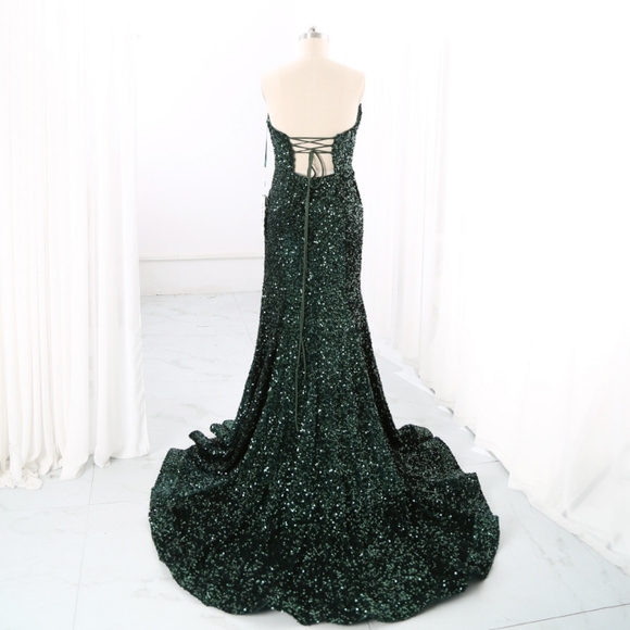 Colors size 6 Dark Green Sequin Velvet Mermaid Prom Gown - Picture 6 of 14